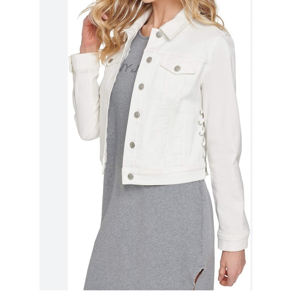 DKNY Jeans Women's White Denim Jacket 100% Cotton Size Large.       (tiny Spots)